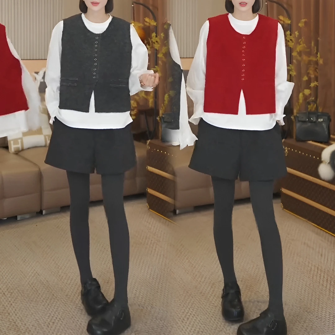 2026年秋冬新款洋气时尚设计感显瘦衬衫百搭韩系马甲短裤三件套女