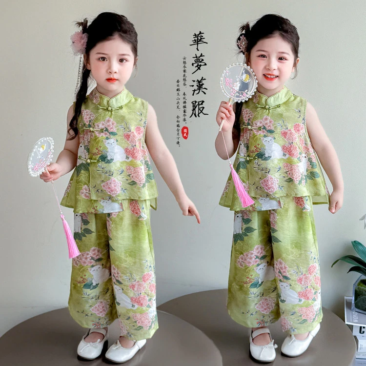 女童碎花新中式国风套装2025夏季新款洋气旗袍上衣阔腿裤两件套