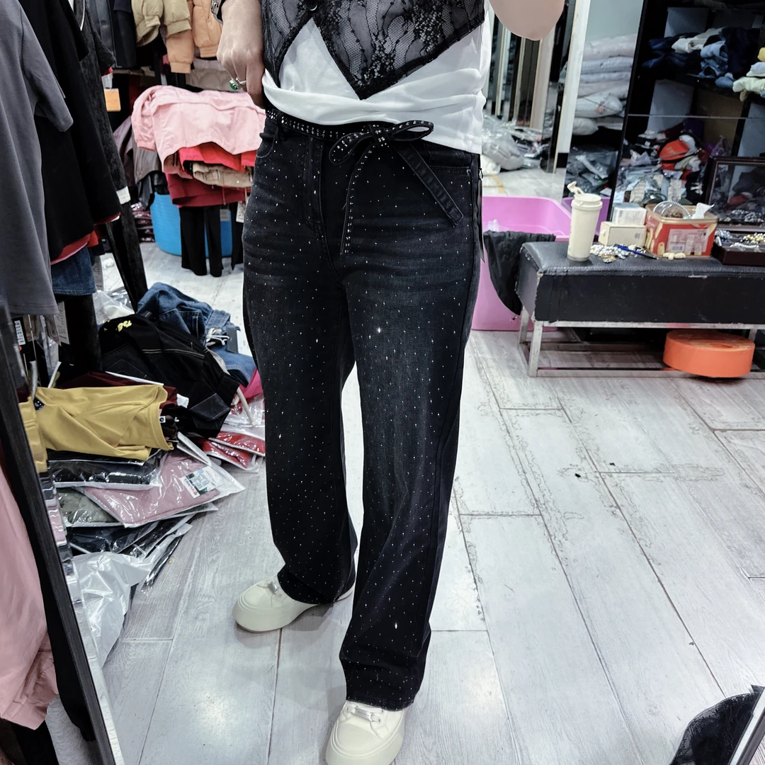 韩版时尚前满钻小直筒烟灰色薄款牛仔裤86069