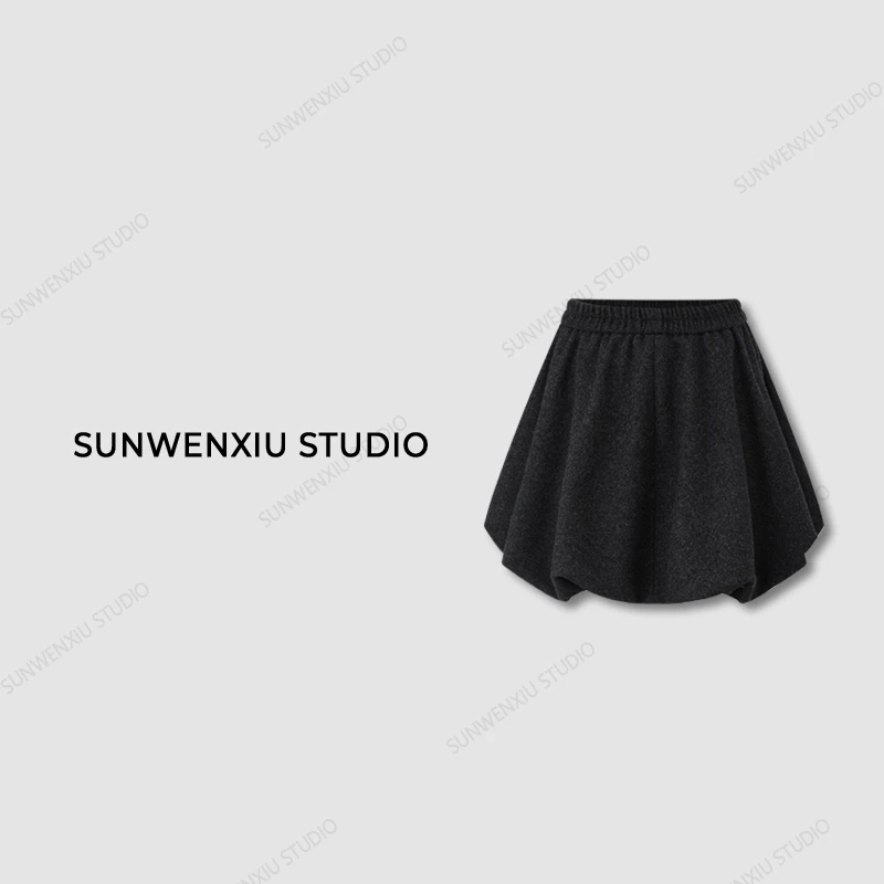 swx studio5店 “少女蓬蓬裙”显瘦显腿长秋冬毛呢花苞松紧腰半身裙