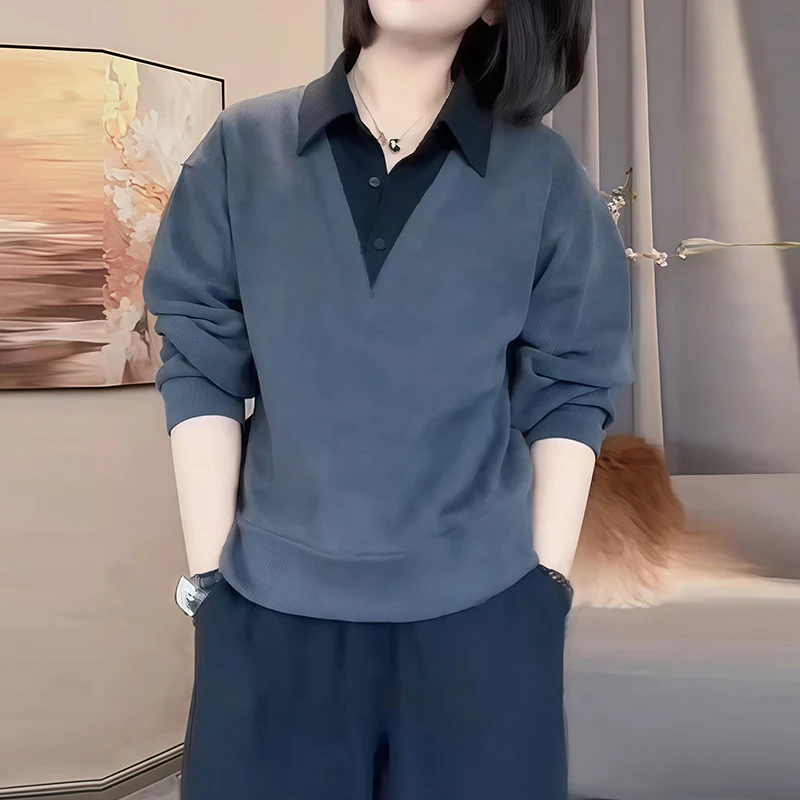 时尚翻领长袖卫衣女2025秋冬新款欧货假两件百搭通勤洋气大码上衣