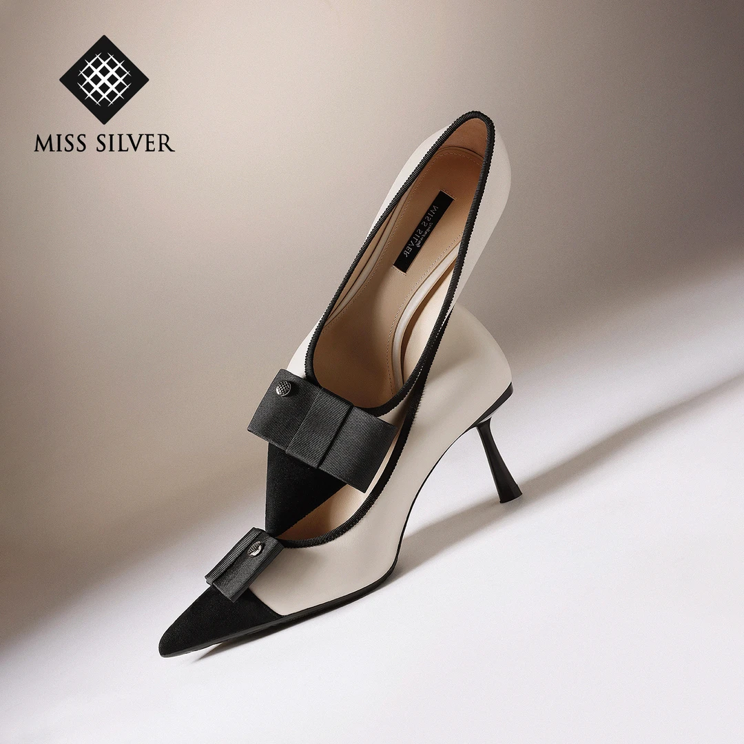 MISSSILVER尖头细跟高跟鞋2025新款时尚百搭气质蝴蝶结女士单鞋