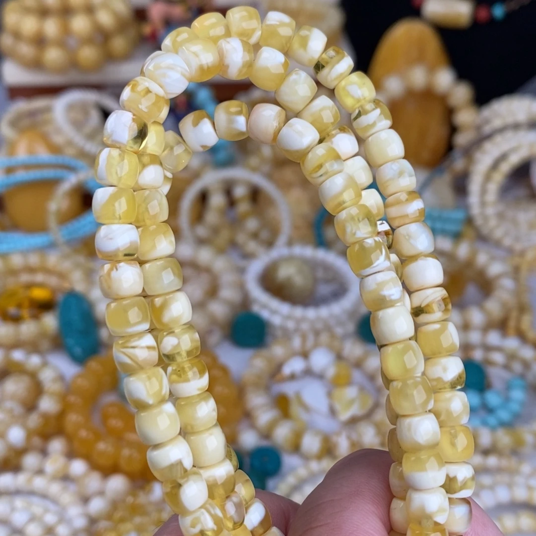 蜜蜡未镶嵌手链金瓷白溶洞妖花6.9mm长串