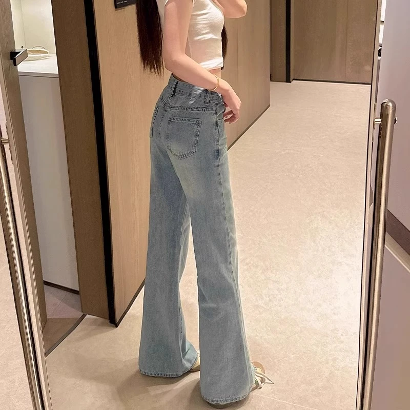 雪千羽浅蓝微喇牛仔裤女2025春夏新款高腰高个子不贴腿阔腿喇叭裤