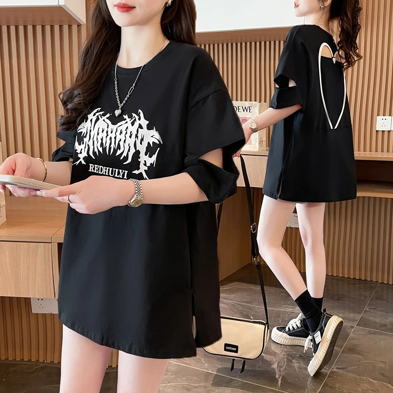 露背设计感纯棉短袖T恤女夏季新款韩版宽松百搭大码洋气显瘦上衣