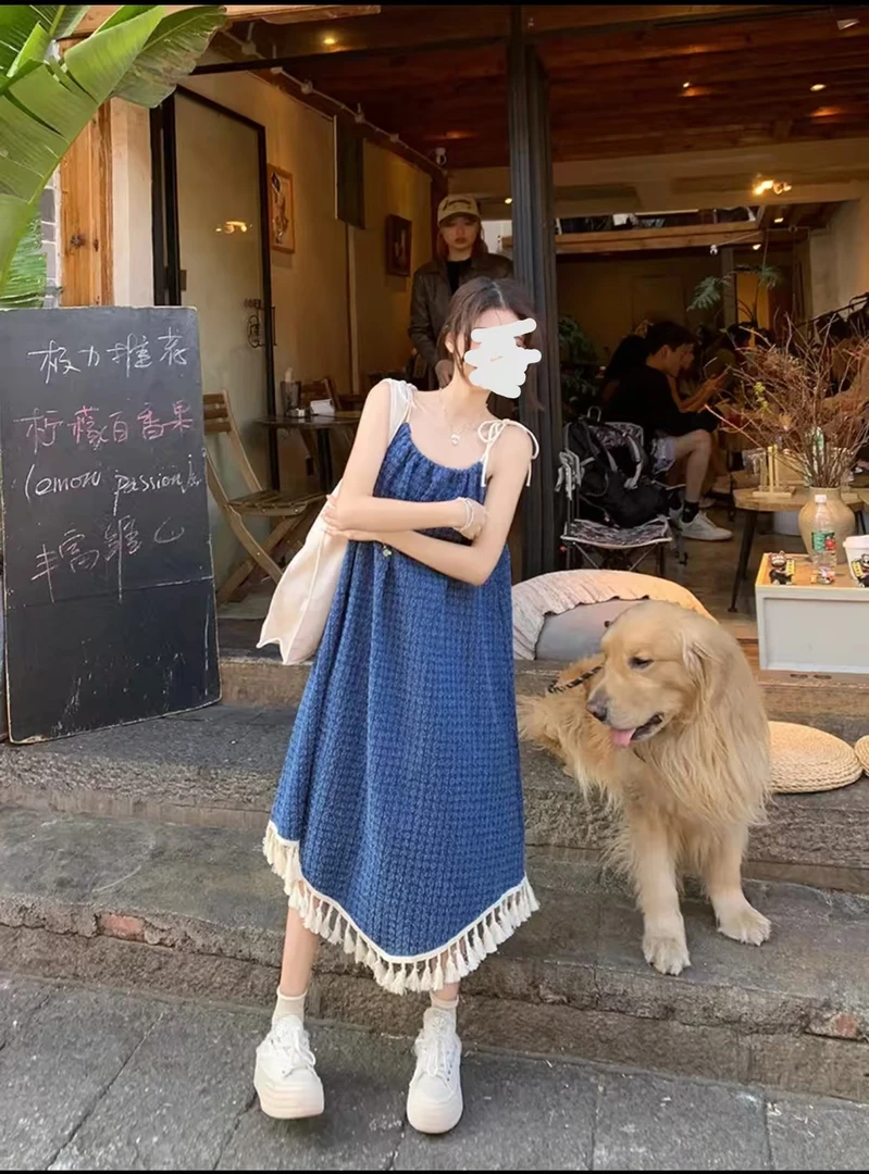 公主 宽松型显瘦夏装简约下摆流苏吊带牛仔连衣裙3789/3802