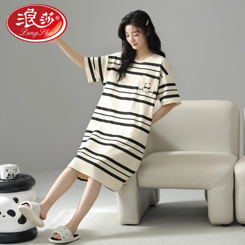 浪莎睡衣女款2025新款夏季短袖100%纯棉薄款睡裙夏款女士宽松全棉