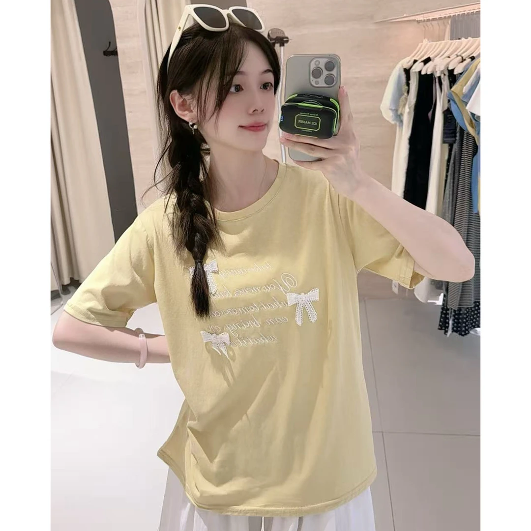 1098刺绣字母蝴蝶结T恤