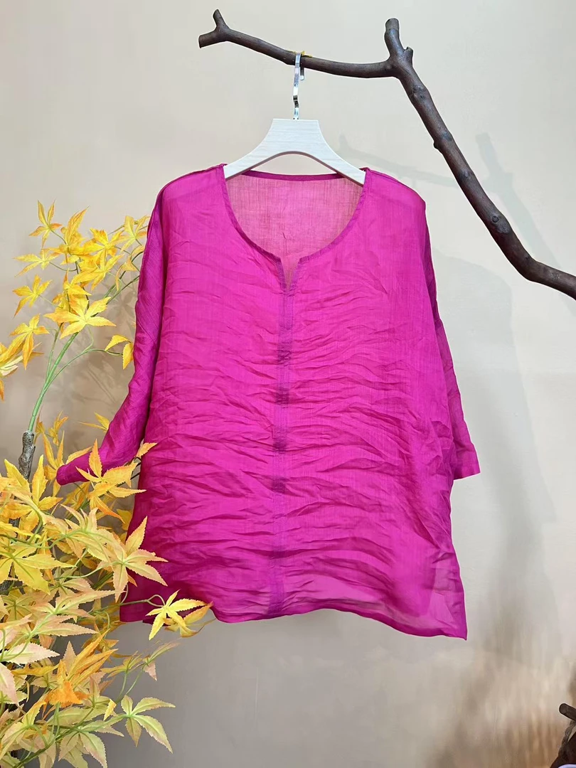 苎麻V领七分袖上衣