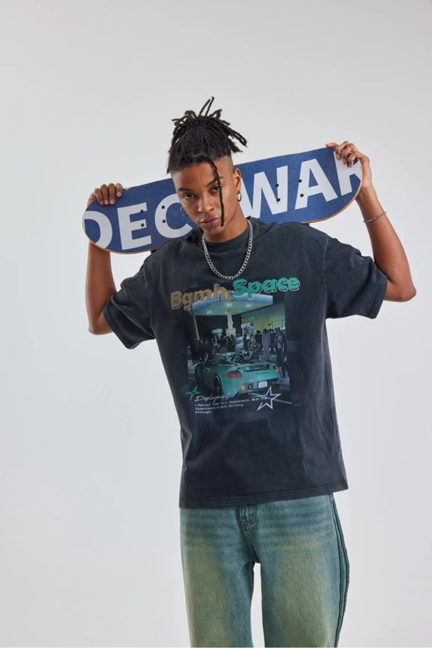 原创限量飙车重磅300g全棉夏季T恤水洗直喷印花短袖美式情侣