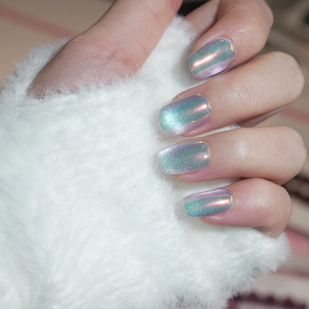 Imayhoo纯手工穿戴甲【冰岛多瑙河】短方 电镀粉极光猫眼OMGXX0176