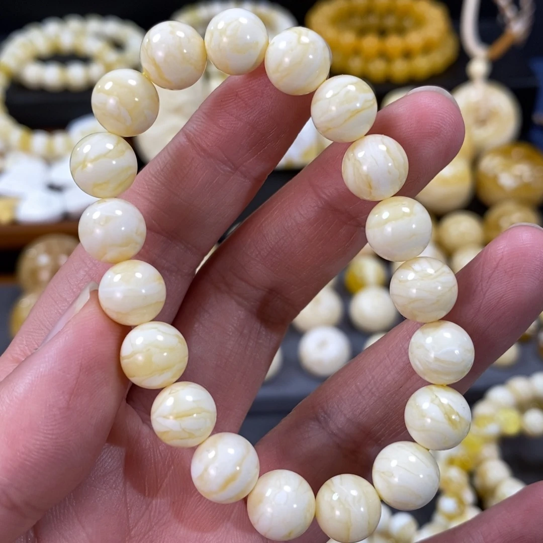 蜜蜡手串未镶嵌瓷白虎皮纹圆珠手串9.5mm