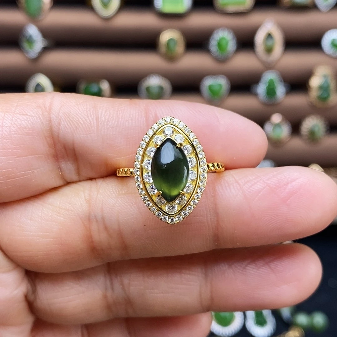 吊坠(不含链)银S925镶嵌和田玉（碧玉）戒指