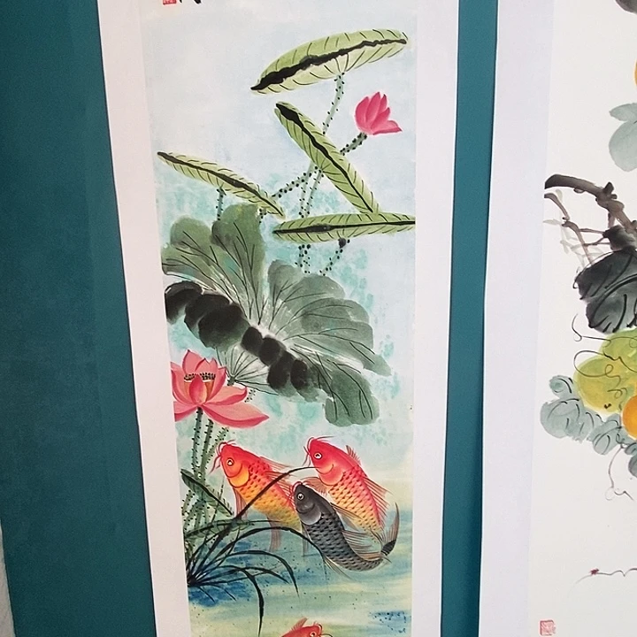 国画四尺对开手绘花鸟