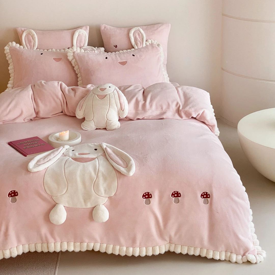 慕宸【高克重牛奶绒四件套】长耳兔 卡通大贴布刺绣冬季保暖床品