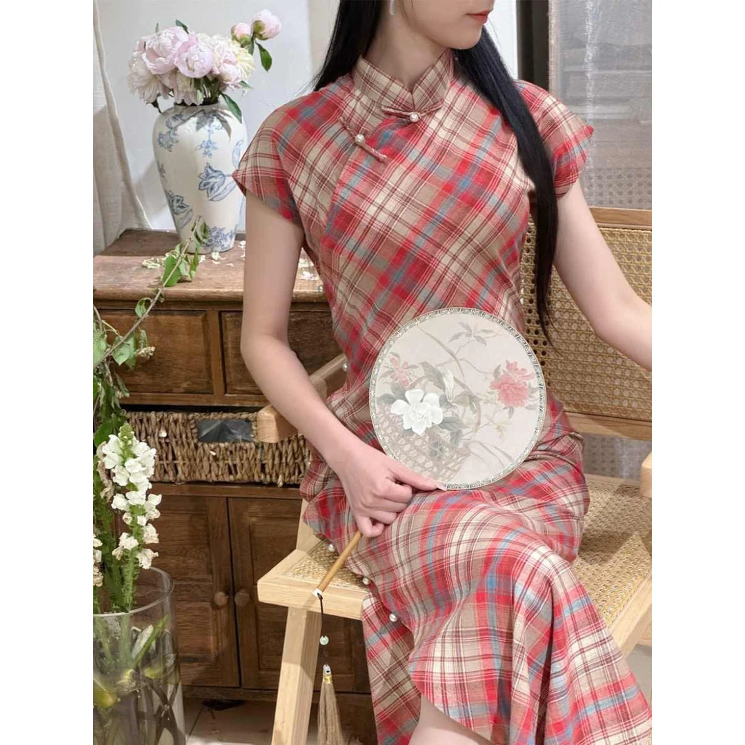 蜜糖古法旗袍2024新款格子日常夏季年轻款新中式少女民国复古文艺