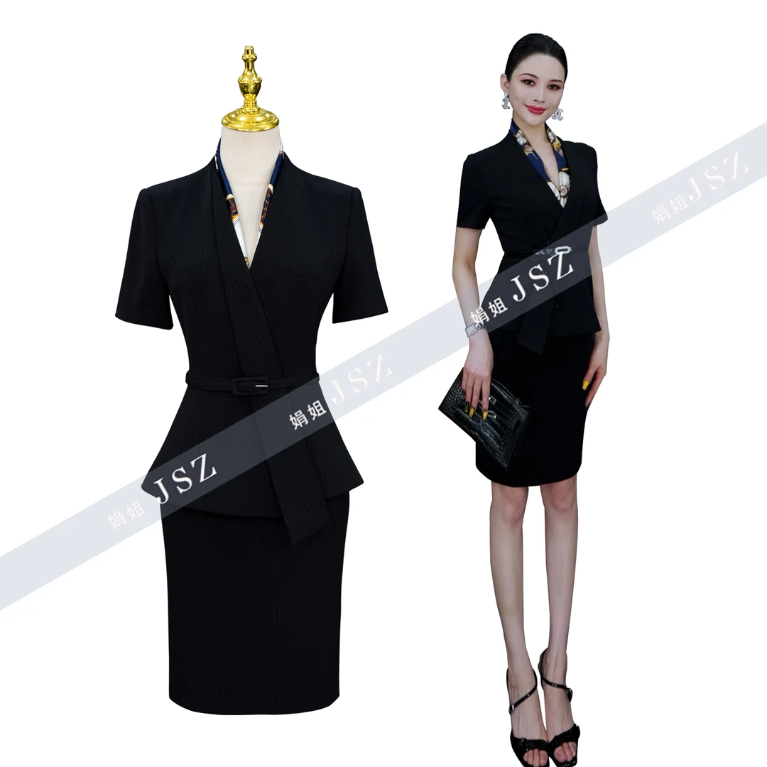 （夏季新品）气质女人味修身时尚黑色名媛职业包臀裙西装套装926