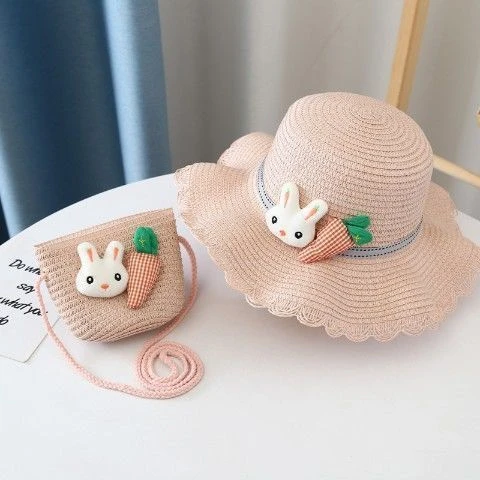 儿童草帽夏季女童可爱卡通遮阳帽套装亲子款夏天凉帽透气网眼大檐