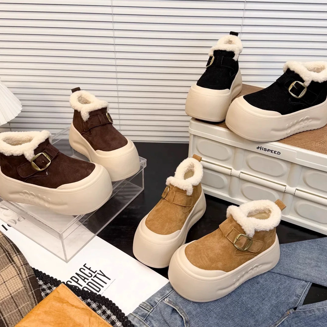 【小依家】网红磨砂皮魔术贴毛毛短靴女松糕厚底勃肯鞋冬季保暖潮