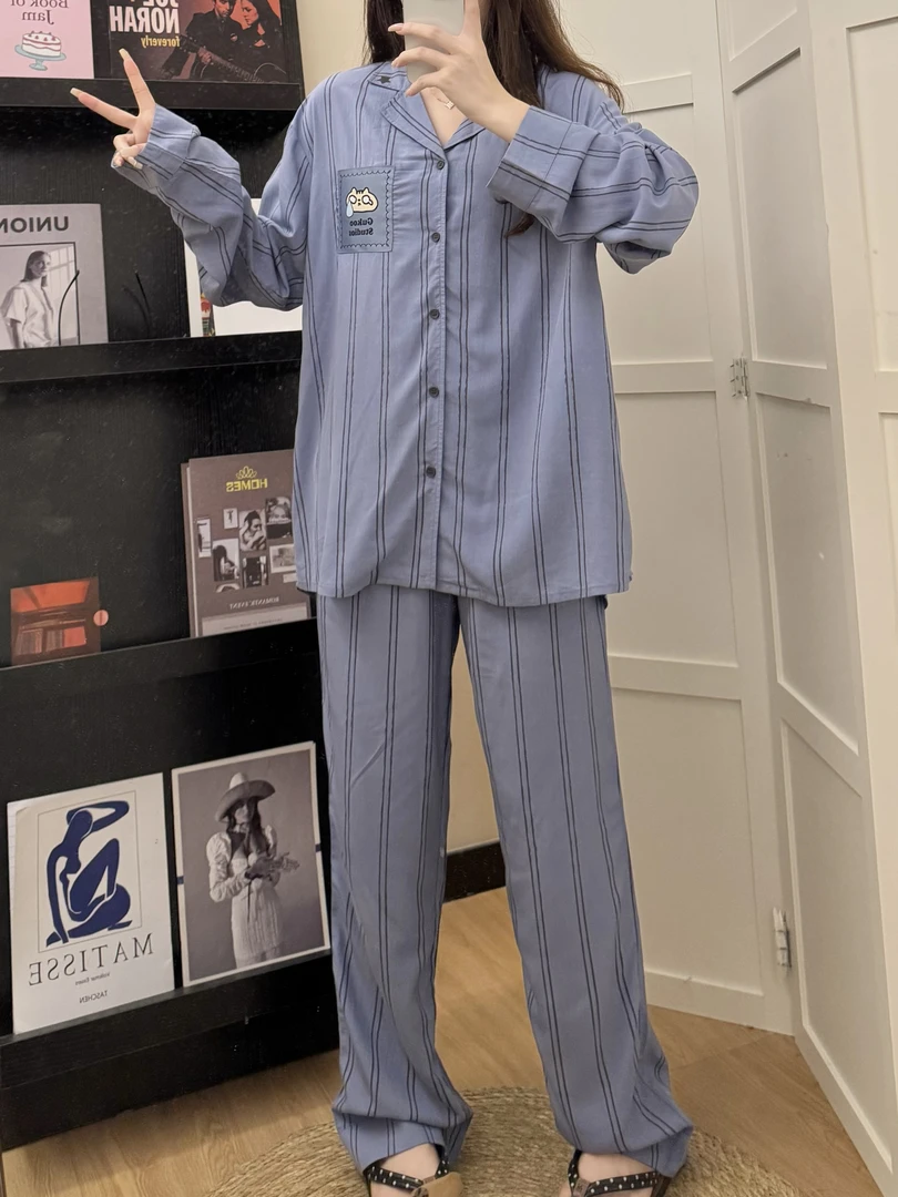 【DMXJ大梦想家】甜美卡通条纹睡衣女秋季新款慵懒风长裤家居服套装