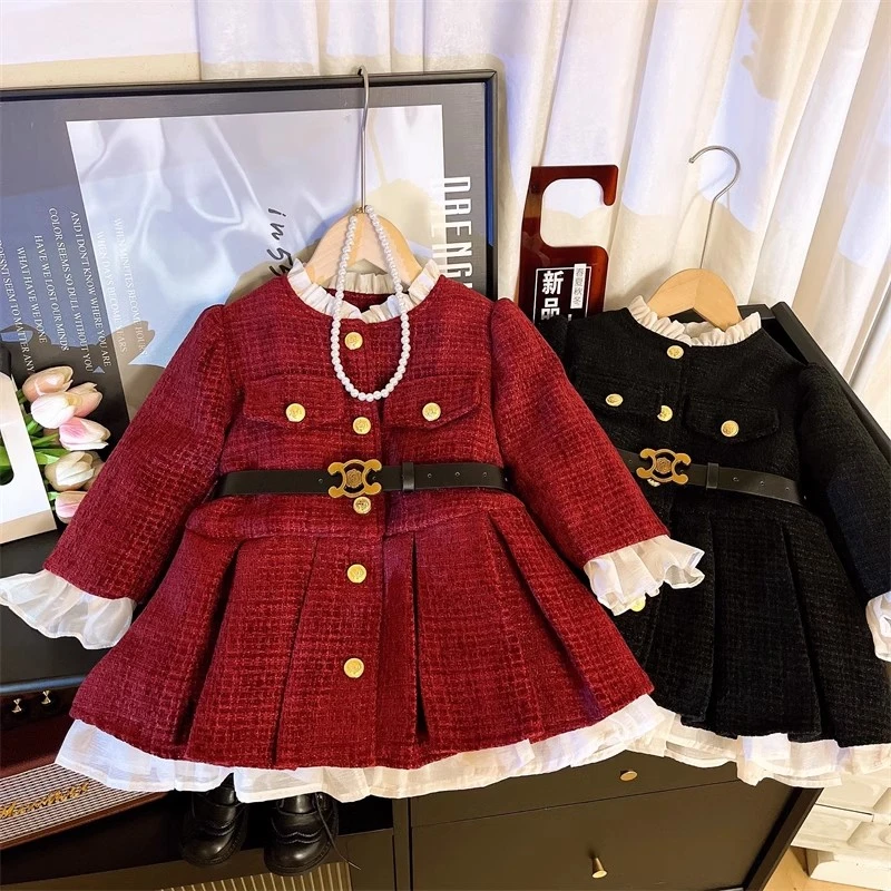女童小香风连衣裙2025秋冬新款加绒加厚外套年服礼服法式百褶裙