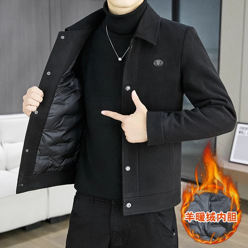 潮流时尚男士夹克外套男款秋冬季加绒加厚高级感休闲毛呢上衣