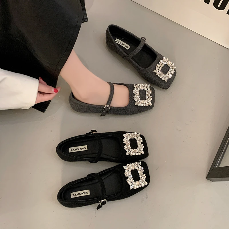 水钻呢子灰色方头浅口单鞋女春秋新款法式温柔仙女平底玛丽珍鞋子