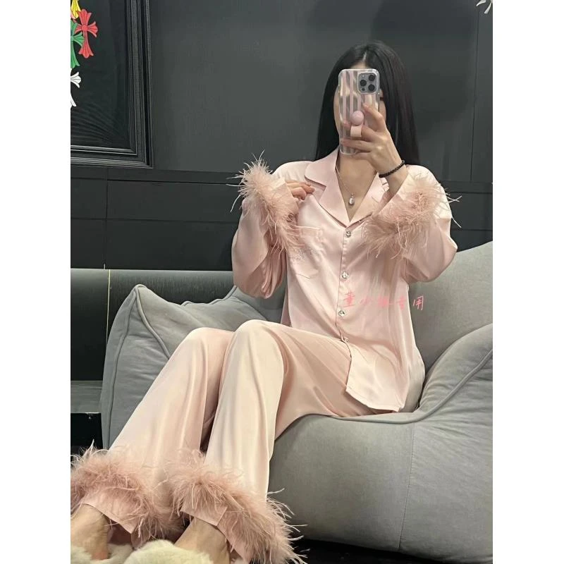 韩版新款春夏网红时尚休闲气质性感女士宽松内外上下装羽毛款套装