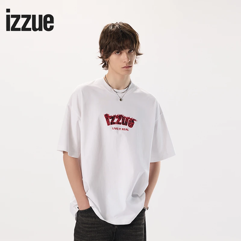 izzue男t恤夏季新品潮流品牌LOGO印花宽松黑色t恤男上衣短袖舒适
