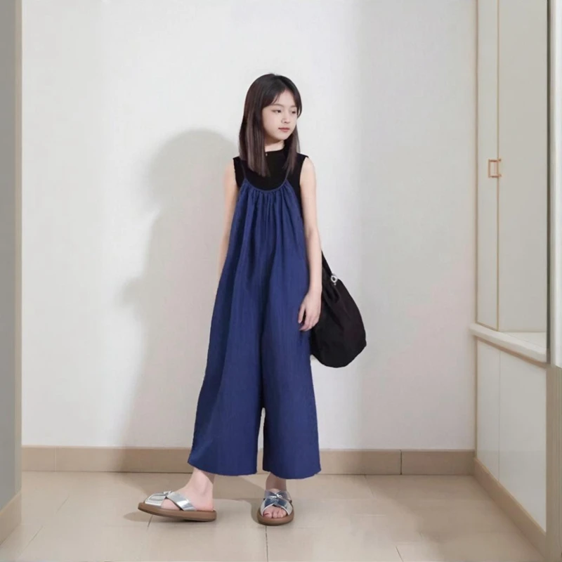 女童夏季套装爆款2025新款洋气爆款中大童高级感宽松背带阔腿裤潮