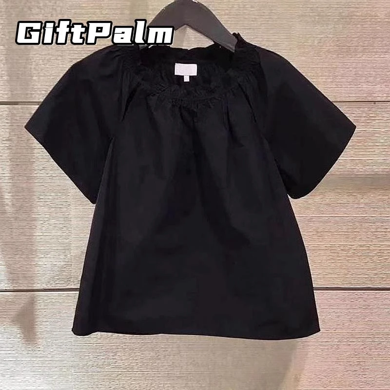 GiftPalm黑色时尚气质显瘦百搭衬衫女夏季设计感短袖上衣新时尚潮