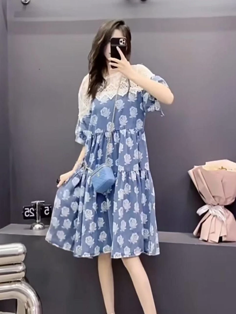 花朵图案牛仔蓝连衣裙/S881