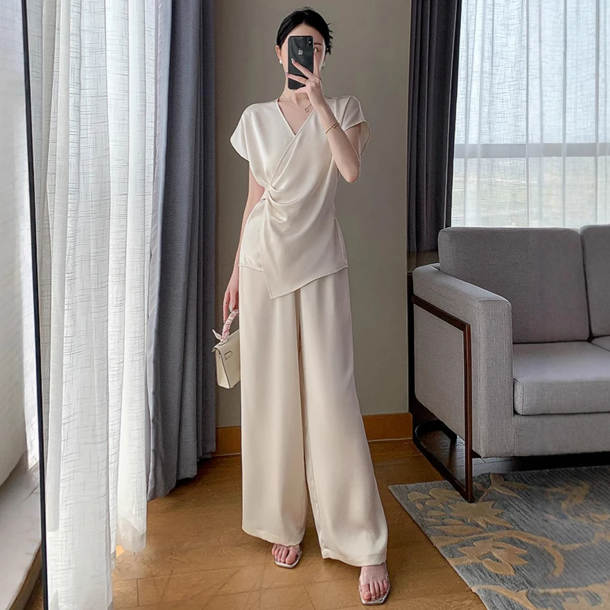 简约百搭大码女装大方得体套装胖mm韩系气质短袖阔腿裤套装两件套