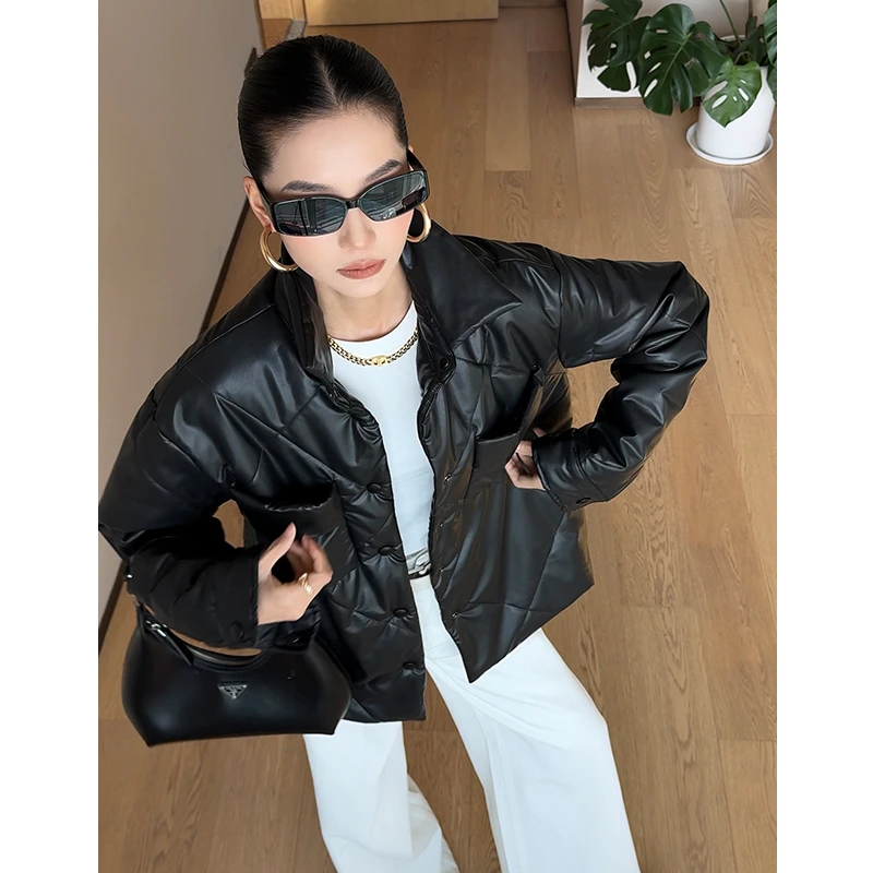 【乌云】时尚简约百搭气质保暖防风加厚皮革绗棉设计棉外套