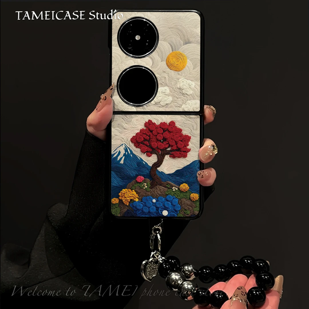 刺绣繁花羊皮适用华为pocket2手机壳FINDN3FLIP折叠屏pockets