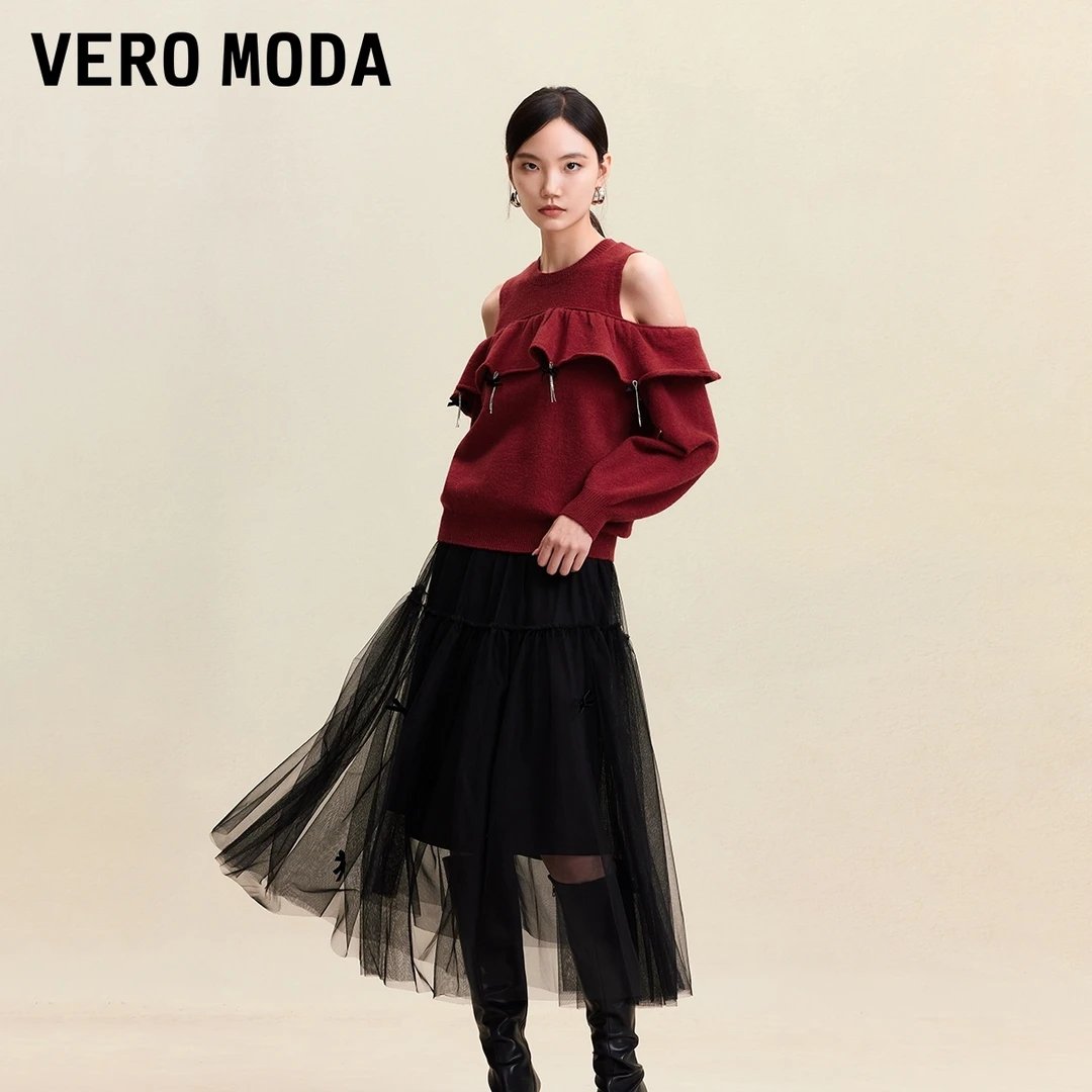 Vero Moda连衣裙2025秋冬新款蝴蝶结针织衫长裙真两件流光风