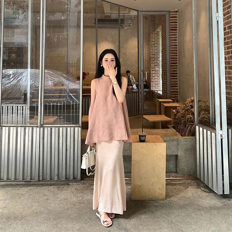 parkyeon设计感后背开叉无袖上衣女夏季高腰垂感显瘦半身裙两件套