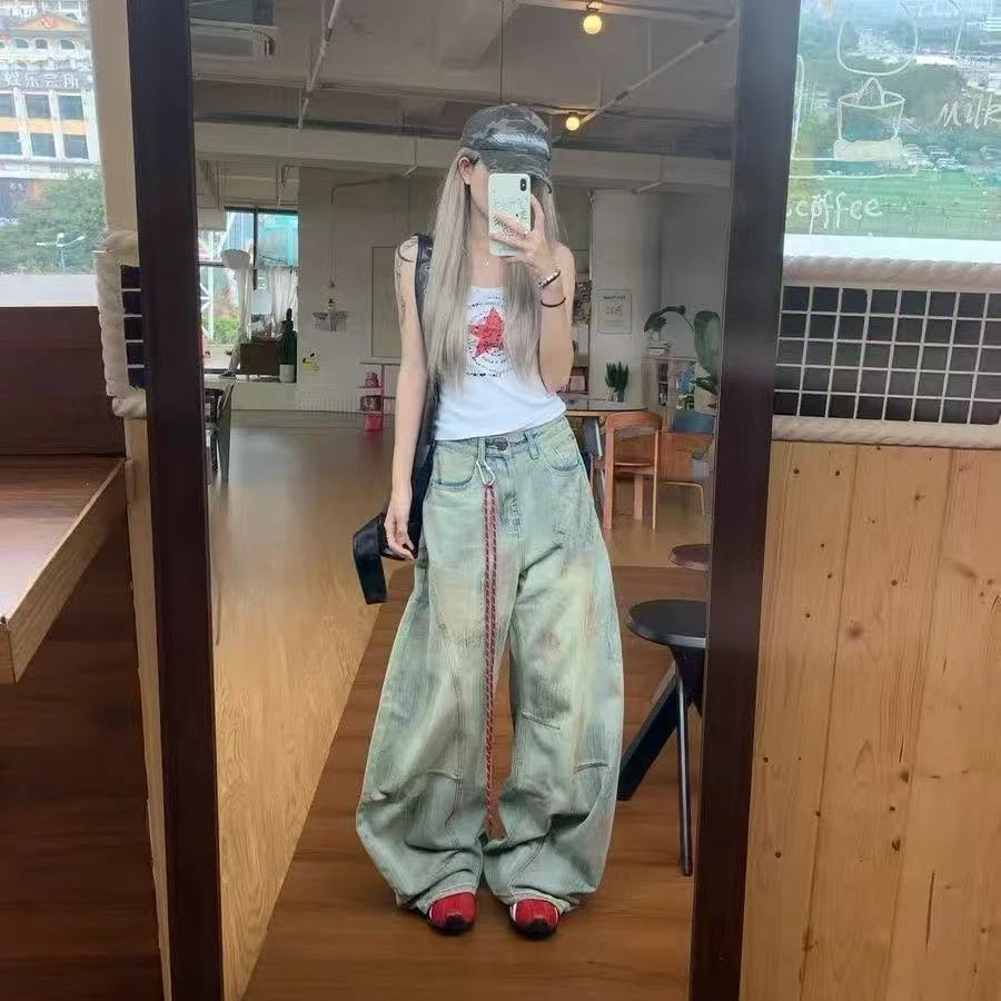 【现货+送挂绳+运费险】脏染做旧牛仔裤女设计感宽松弯刀阔腿拖地裤