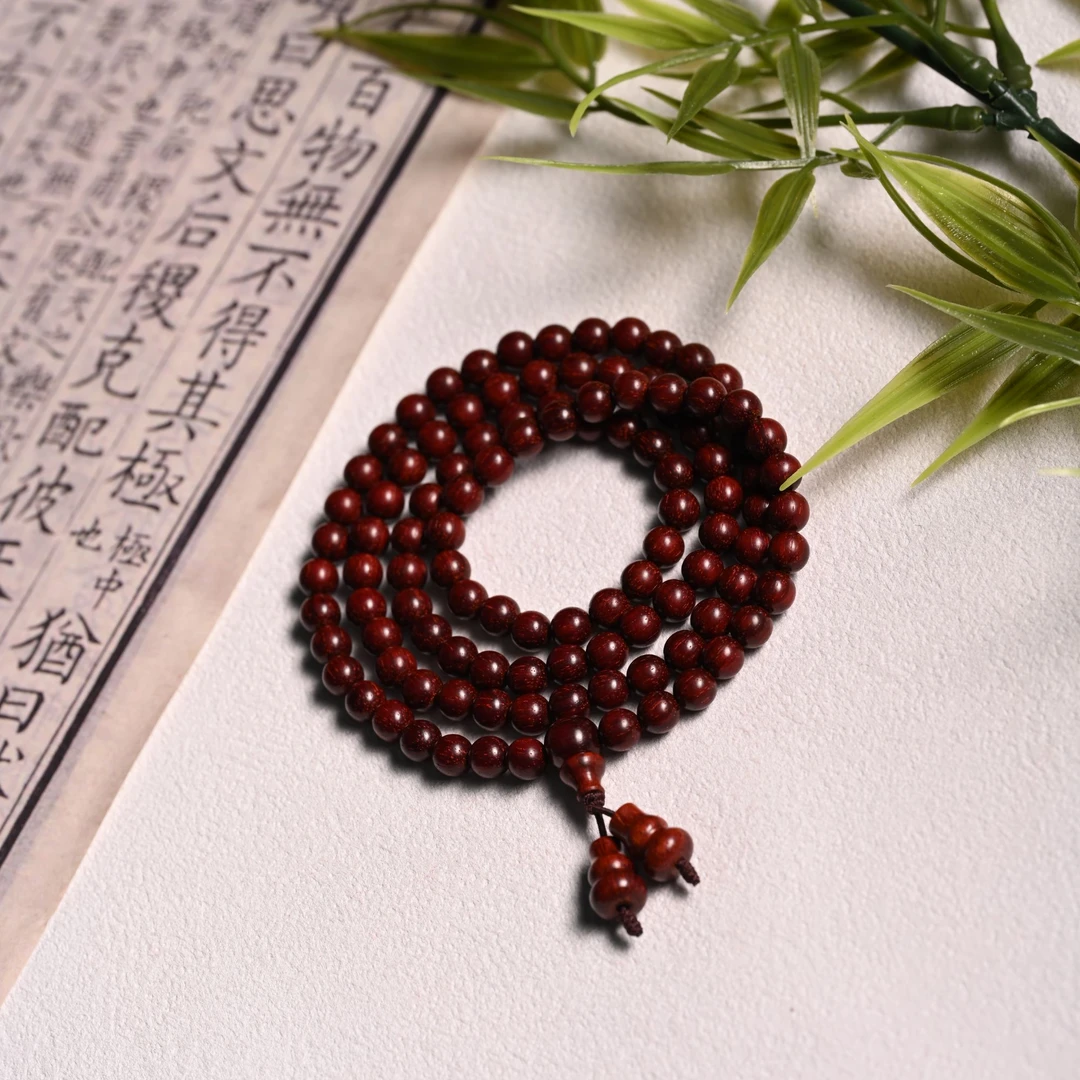 毛润出品【印度小叶紫檀·油性101分 龙鳞】无胶膜 精工圆珠108颗052