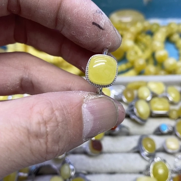 蜜蜡裸石银S925镶嵌戒指