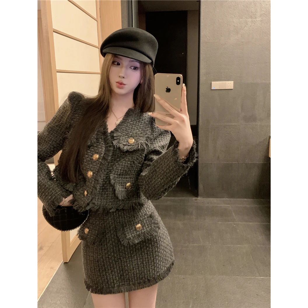 实价实拍~高级感气质名媛小香风粗花呢流苏外套+a字半身裙两件套