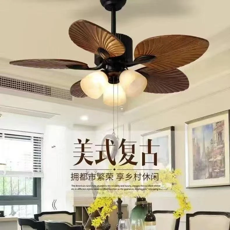 新款复古吊扇灯法式客厅卧室餐厅风扇吊灯中古南洋风芭蕉叶电扇灯