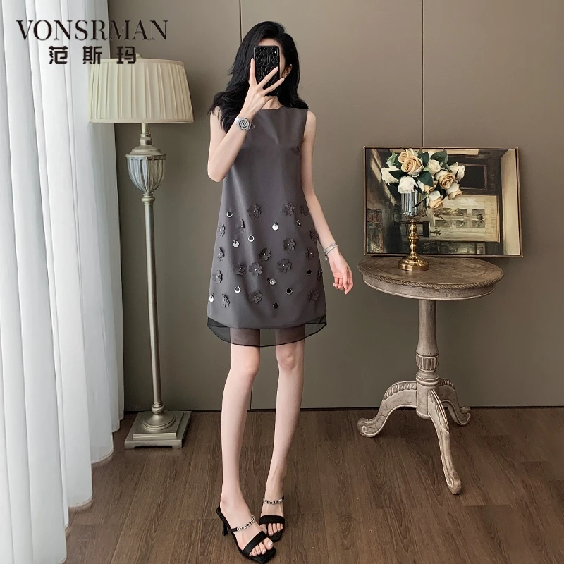 无袖灰色连衣裙女夏季法式赫本风小个子高级感显瘦遮肚子宽松裙子