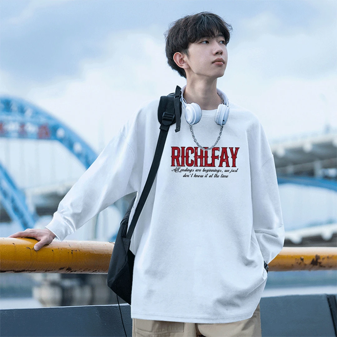 霄桂姿 纯棉长袖T恤男秋季潮牌大码字母套头上衣宽松百搭打底衫