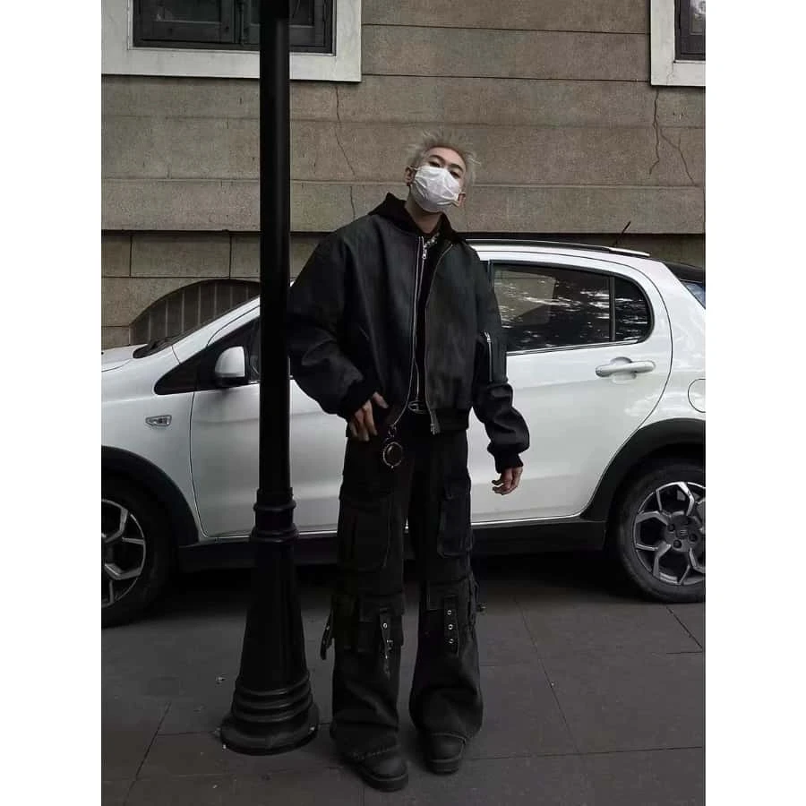 2025新款重磅设计假两件连帽皮衣外套男秋冬款美式复古工装夹克潮