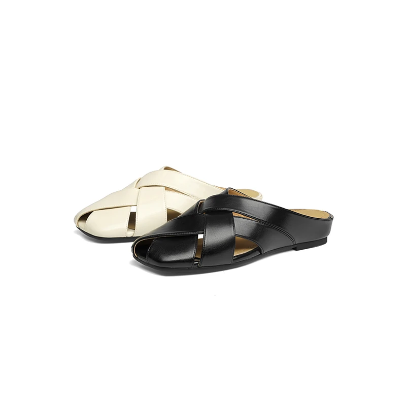 红蜻蜓包头编织时尚慵懒新款黑色拖鞋休闲凉鞋女夏平底鞋夏季凉拖