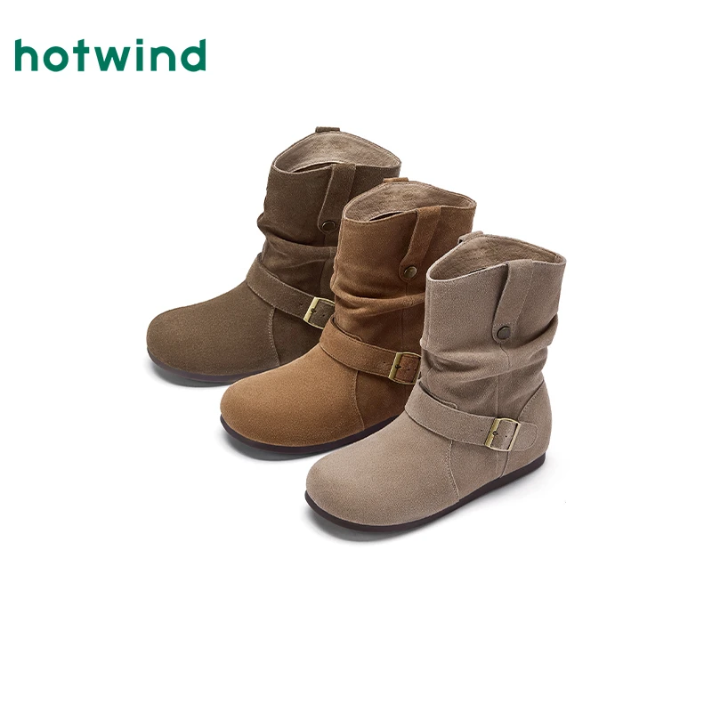 热风2025年冬季新款女士短筒靴子卡其百搭堆堆靴西部靴H82W25801