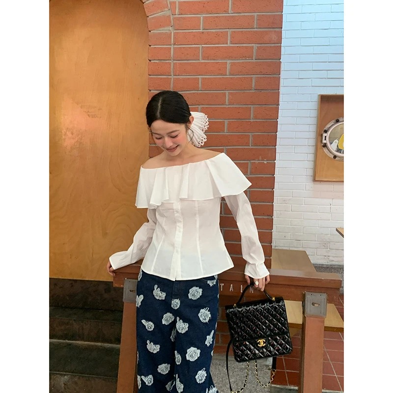 十三行春季法式清纯一字肩荷叶边长袖女式衬衫F1962