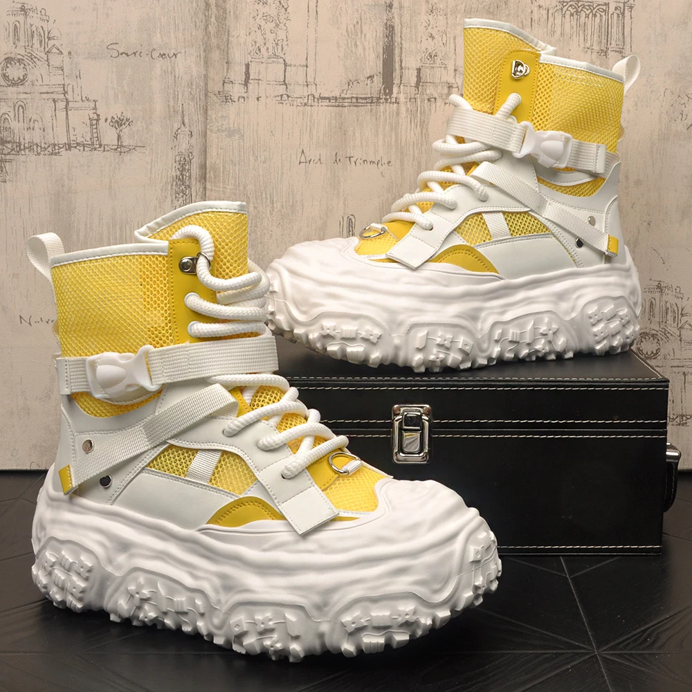 2025夏季新款薄款镂空透气网面鞋厚底增高时尚高帮休闲鞋大头男鞋