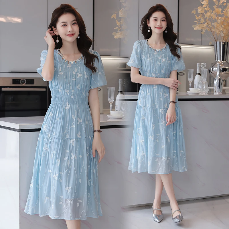 法式气质连衣裙女中长款2025夏季新款时尚高级感遮肚子立体织花裙